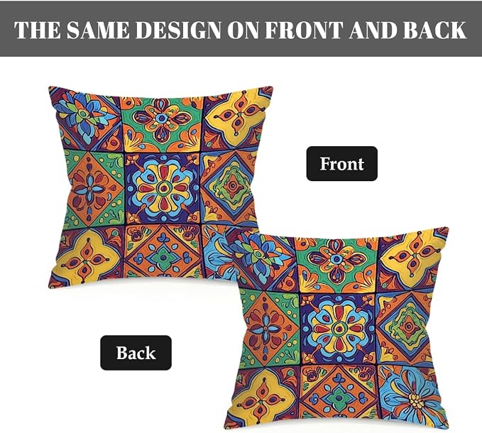 22x22 Inch Outdoor Pillow Covers Set of 2 Waterproof Throw Pillow Covers Decorative Couch Cushion Covers Mexican Floral Checkered Square Pillowcases Protectors for Patio Garden Sofa