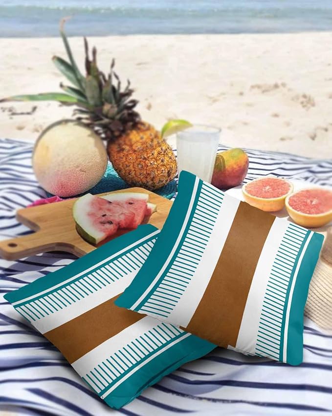 Outdoor Waterproof Throw Pillow Covers 24x24in, Farmhouse Boho Stripes Cushions for Garden Patio Furniture Chairs Set of 2, Teal Brown Home Decor Couch Sofa Polyester Pillow Cases