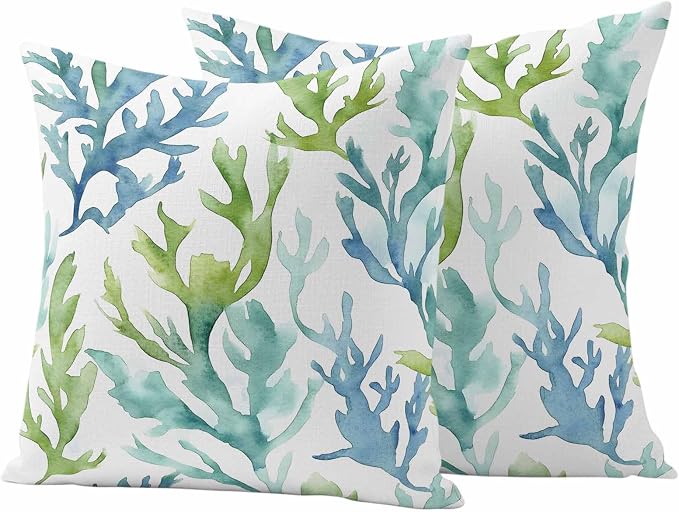 JasmineM Outdoor Pillow Cover 16x16 Inches Set of 2 Blue Teal Coral Waterproof Throw Pillow Covers Watercolor Green Decorative Pillowcases Garden Cushion Case for Patio Couch Sofa