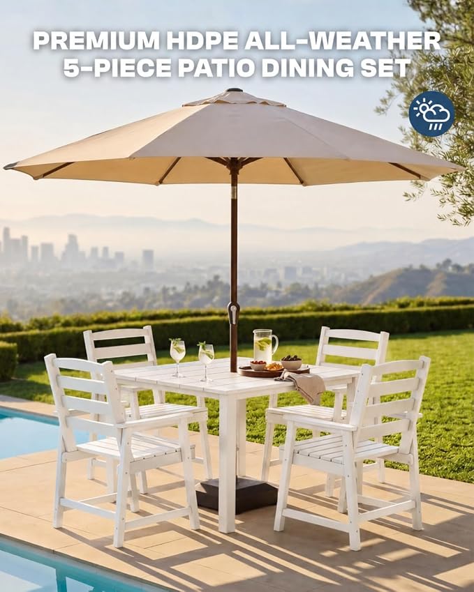 HDPE Outdoor Dining Set for 4 with 10FT Umbrella, White | All-Weather HDPE, Wood Grain Finish, 42.5" Square Table, Built-In Umbrella Hole, Seats 4, Patio & Poolside Ready