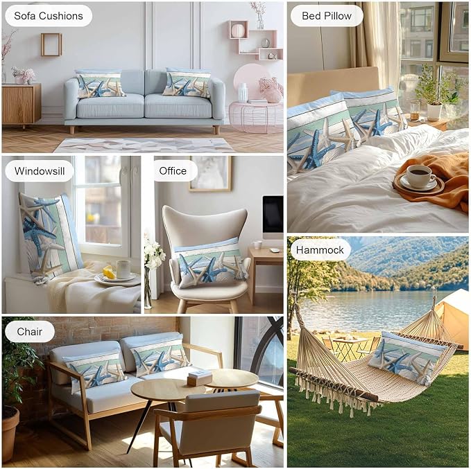 Outdoor Waterproof Pillow Covers Coastal Blue White Starfish Shell Pack of 2 Lumbar Pillow Cover Wood Grain Decorative Cushion Pillowcases for Patio Couch Bench Garden 12 x 20 Inches