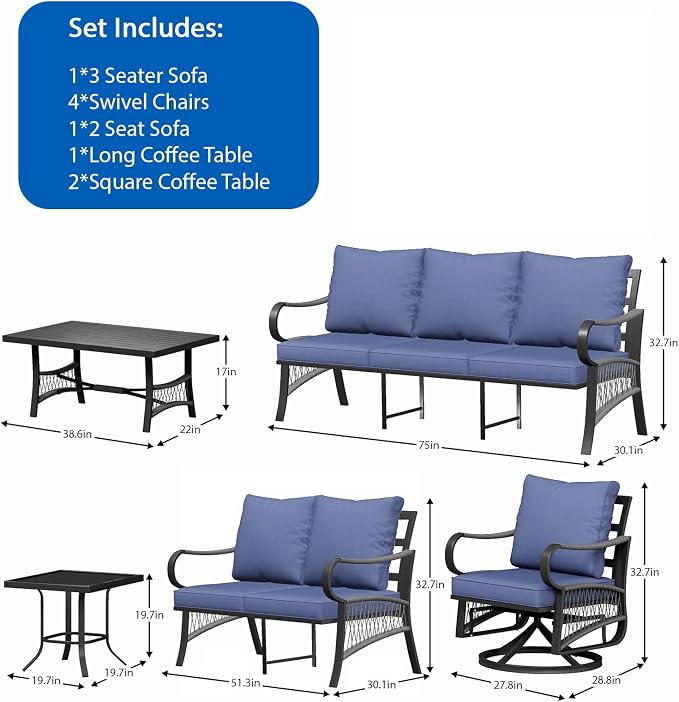 9 Piece Patio Furniture Set, 4 Single Swivel Chairs, Rope Braided Exposed with Thick Cushions, Outdoor All Weather Patio Conversation Sectional Sofa Set for Garden, Porch, Lawn, Blue