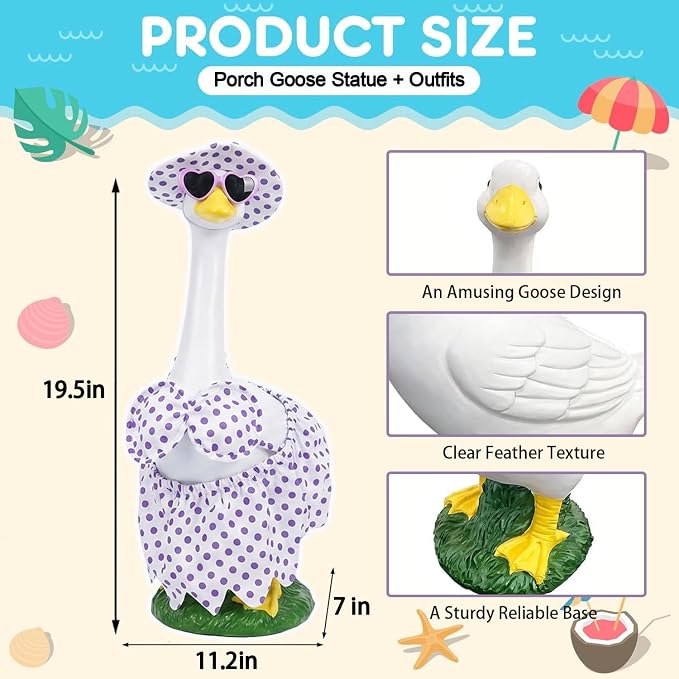 Large Porch Goose Statue Decor - 20″ Porch Goose Resin with Purple Summer Bikini Outfits, Garden Decor Lawn Goose Figurine, Indoor Outdoor Yard Decor, Unique Housewarming Birthday Gifts for Mom Women