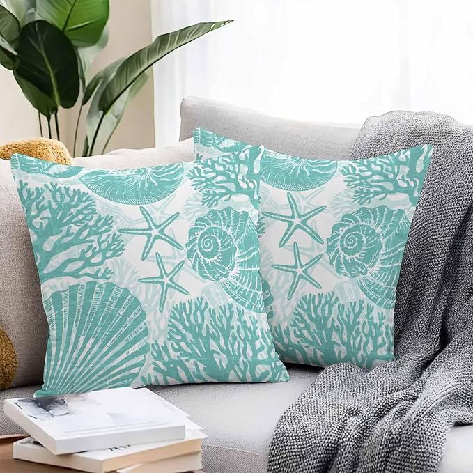 Outdoor Pillow Covers 16x16 Inch Set of 2, Teal Coastal Waterproof Throw Pillow Covers, Beach Starfish Nautical Coral Shell Summer Decorative Cushion Pillowcases for Couch, Sofa, Bed, Garden, Patio