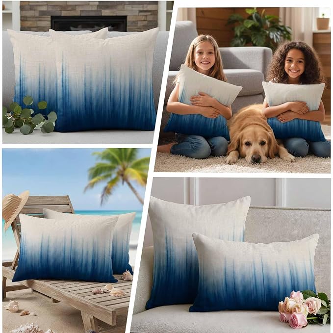 Blue Ombre Stripe Waterproof Outdoor Pillow Covers Set of 2 Home Decor, Abstract Art Modern Gradient Beige Pillowcase Patio Pillow Covers for Couch Bench Furniture Garden 26x26in