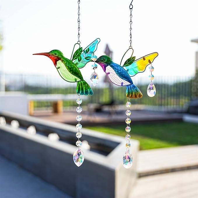 2PCS 18.1" Hummingbird Suncatchers,Stained Glass Window Hanging Ornament | Rainbow Maker Crystal Prism Suncatcher, Window Hanging Ornament, Indoor & Outdoor Home Garden Decor