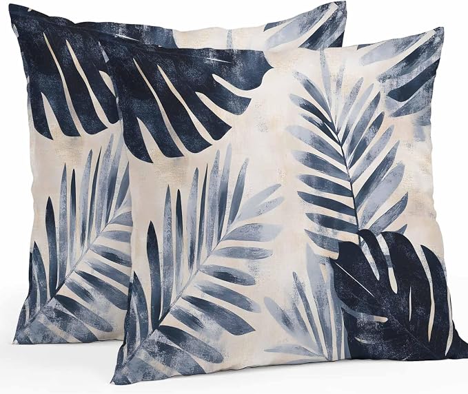 Pack of 2 Waterproof Outdoor Pillow Covers 24x24 Inch Decorative Pillow Covers Navy Blue Palm Leaves Throw Pillowcases Tropical Botanical Retro Outdoor Cushion Cover for Couch, Patio, Tent