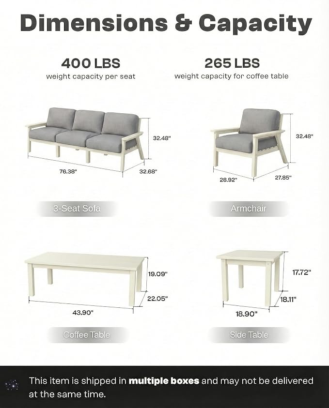 7 Piece Patio Conversation Sets, Outdoor Couch with Washable Thick Gray Cushions, HDPE Patio Furniture Set, Outdoor Sectional Furniture for Backyard, Deck, Lawn, Porch (White Frame)