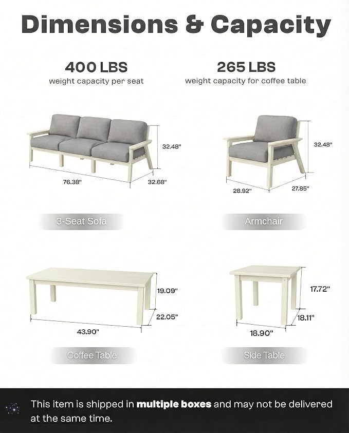 Patio Furniture Set 8 Seats, 4-Seater and 2-Seater Outdoor Sofas with Gray Washable Thick Cushions, Patio Conversation Sets for Lawn, Garden, Porch, Balcony, Deck (White Frame)
