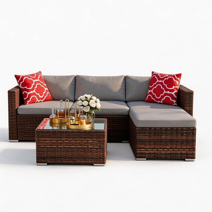 GarveeTech 5 Pieces Patio Furniture Set, All Weather Wicker Rattan Sectional Sofa,Outdoor Patio Furniture Set with Washable Cushions for Garden, Backyard, Porch, Poolside (Brown&Grey) ﻿