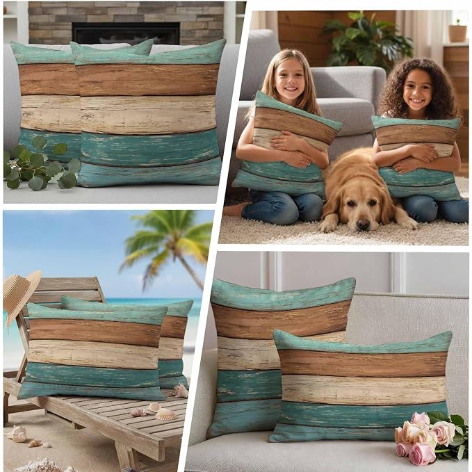 Outdoor Throw Pillows Covers 12X20 Set of 2 Waterproof Teal Turquoise Green Brown Decorative Zippered Cushion Covers for Patio Furniture, Farmhouse Retro Rustic Barn Wood Texture Lumbar Pillowcases