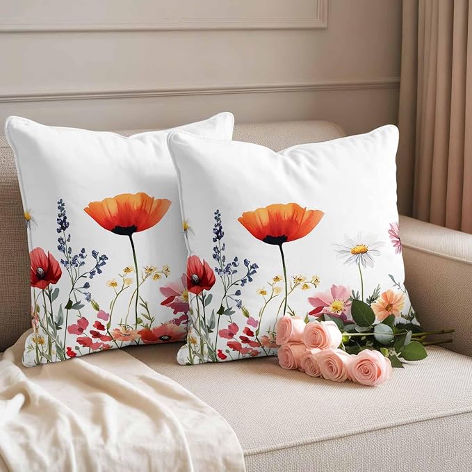 Pastoral Flowers Outdoor Waterproof Throw Pillow Covers Set of 2, 20"x20", Colorful Daisy Floral Leaves Watercolor Decorative Pillow Covers Outside Cushion Case for Patio Porch Garden