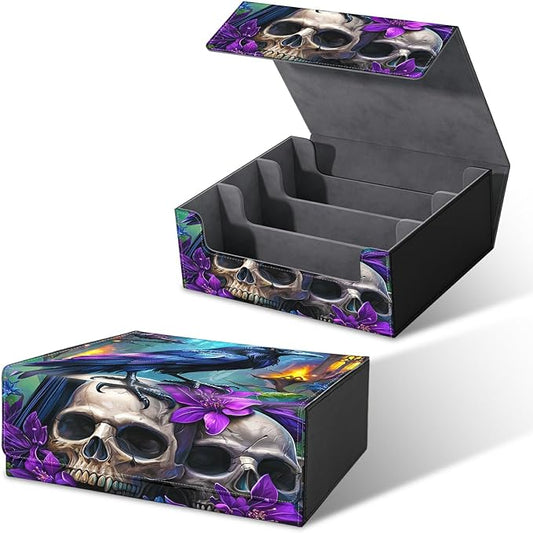 Card Deck Box for MTG, Cards Storage Box Fits 120+ Sleeved, Leather Big Size Strong Magnetic Closing Case for Board Games Magic TCG CCG Baseball Collection Women Man, Purple Flower Eagle