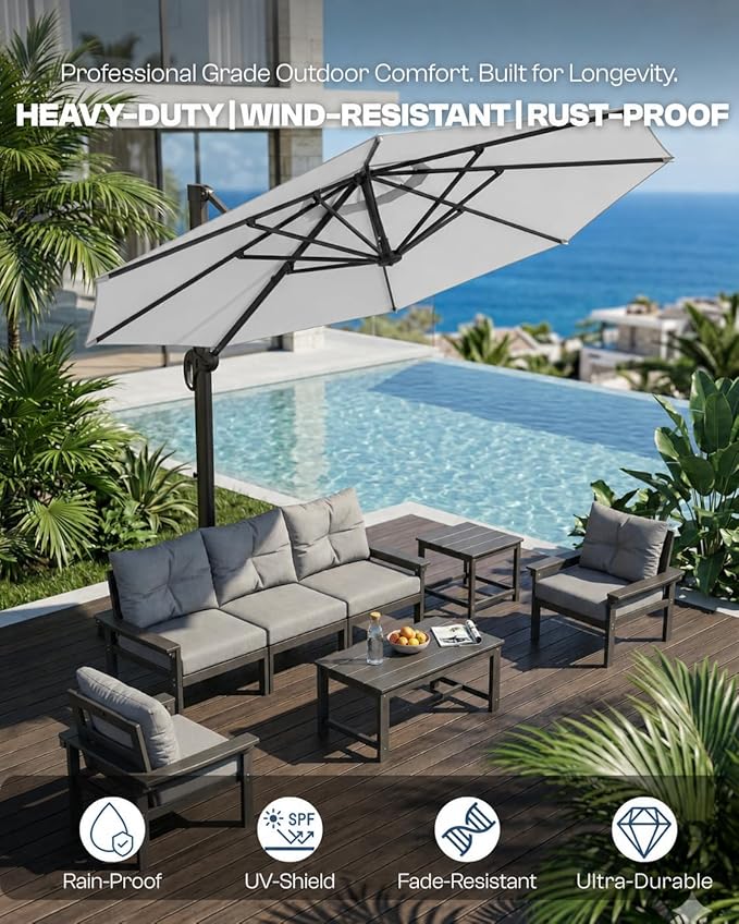 11 FT Round Cantilever Umbrella,Easy Tilt, Fade Resistant & 360° Rotation, Offset for Pool Deck Backyard Patiolight gray (Base not Included)