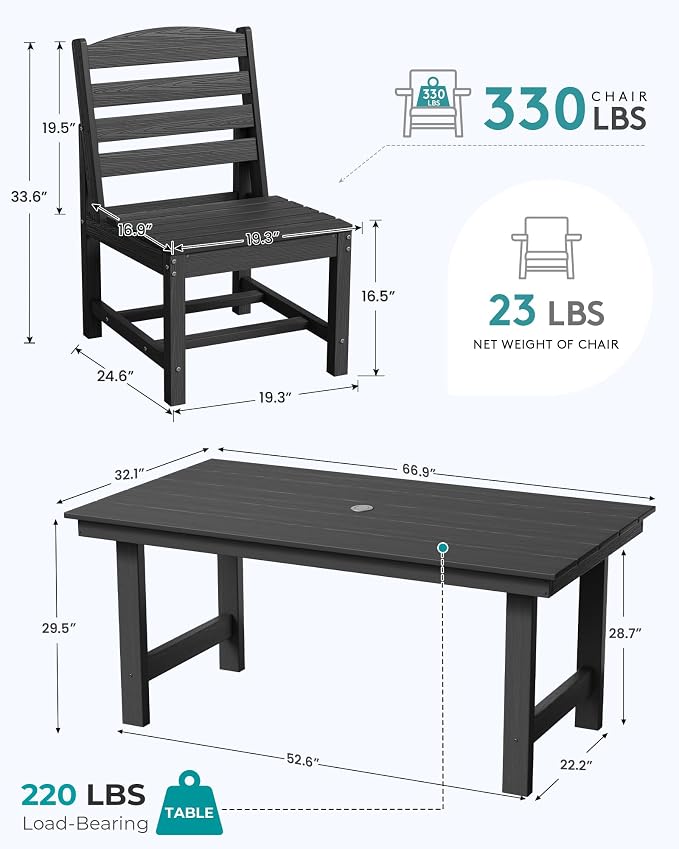 SERWALL Armless Outdoor Dining Chair Set of 2, All Weather Resistant, Black | Armless Dining Chairs built to last with 330 lb capacity. Compact 24.6"Dx19.3"Wx33.6"H. Weatherproof & easy to clean.