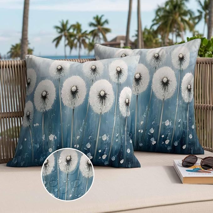 Spring Floral Waterproof Outdoor Pillow Covers Set of 2 Home Decor, Whit Blue Oil Painting Pastoral Pillowcase Patio Pillow Covers for Couch Bench Furniture Garden 16x16in