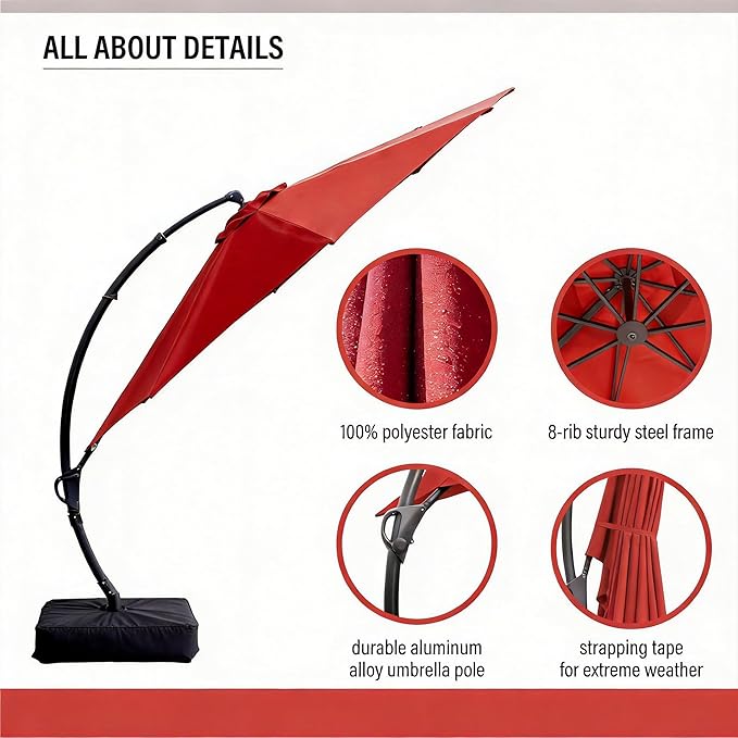 LAUSAINT HOME 12ft Patio Cantilever Umbrella with Base Included, Outdoor Curvy Round Offset Umbrella, Heavy Duty Aluminum, 360° Rotation for Pool, Deck, Lawn, Backyard (Red)