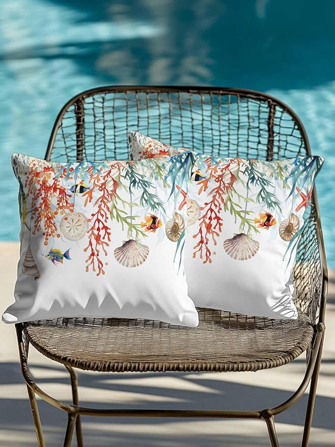 Outdoor Waterproof Throw Pillows Summer Colorful Coral Shell Conch Patio Pillows Pack of 2,Decorative Pillow Covers with Insert,Pillow Cushion Case for Garden Couch Sofa Sea Starfish Fish Marine Life