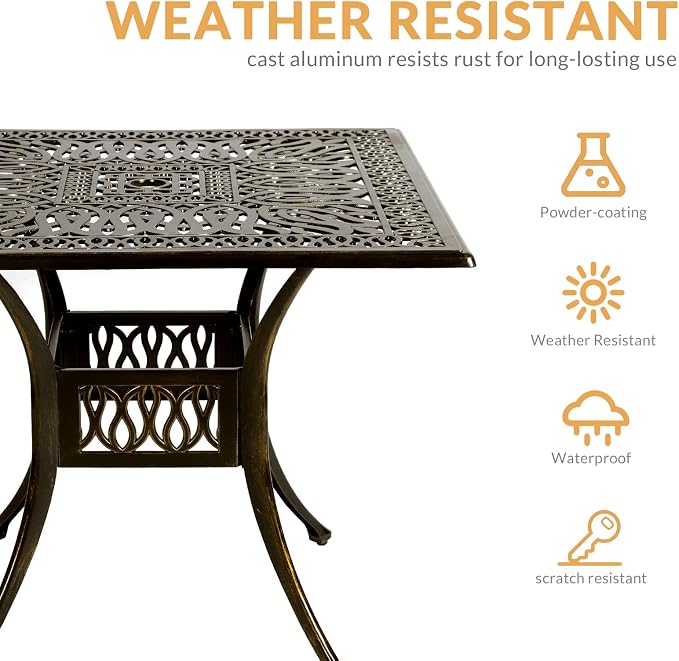 5-Piece Outdoor Patio Dining Set, All-Weather Cast Aluminum Patio Furniture Set for Backyard Garden Deck with 4 Chairs and 35.4” Square Table, 2.2" Umbrella Hole