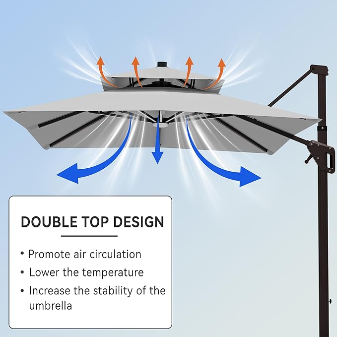 9' X 12' Cantilever Patio Umbrella with Base Included and Led Lights Double Top Rectangular Outdoor Large Offset Umbrellas with 7 Tilts Adjustable 360°Rotation for Deck Pool Garden Backyard, Fog Grey