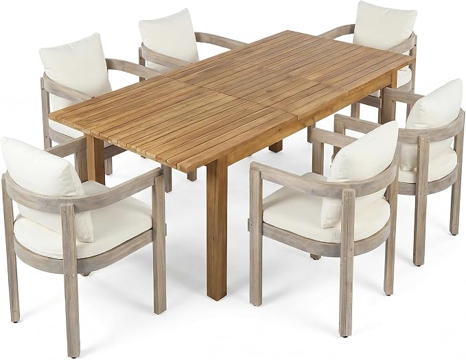 Christopher Knight Home Rosita Extendable Acacia Wood Outdoor Dining Set for 6, Expandable Patio Dining Table and Chairs Set of 6, Solid Wood Outdoor Dining Armchair and Table Set, Teak+Natural Washed