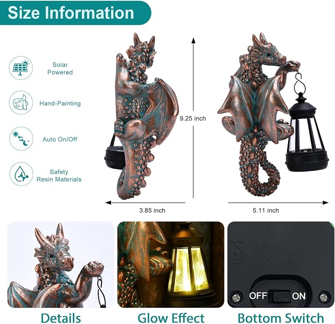 Goodeco Dragon Tree Hugger Garden Statue with Solar Lantern - 9.3 Inch Resin Dragon Decor for Outdoor, Perfect Dragon Gifts & Yard Decor（Bronze）