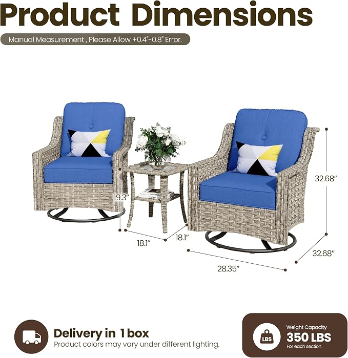 3 Piece Patio Furniture Set, Outdoor High Back Swivel Rocker Chairs Set of 2 with Side Table, All Weather Wicker Glider Chair with Thick Cushions for Backyard Balcony Porch, Navy Blue