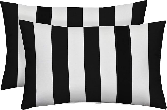 RSH DECOR Couch Pillows for Living Room Set of 2 | Black and White Striped Lumbar Decorative Accent Pillows 12x20 | Outdoor Patio Furniture Throw Pillows | Water-Resistant - Made in USA