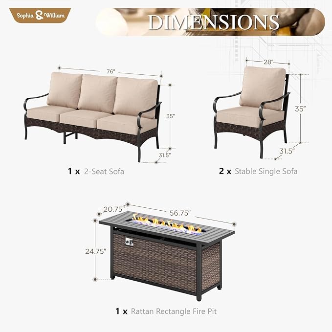 Sophia & William Patio Furniture Set with Fire Pit Table, 4 PCS Metal Outdoor Conversation Set with Fire Pit Table, 2 Sofa Chairs,3-Seater Couch for Outdoor Seating, Backyard, Porch(Beige)