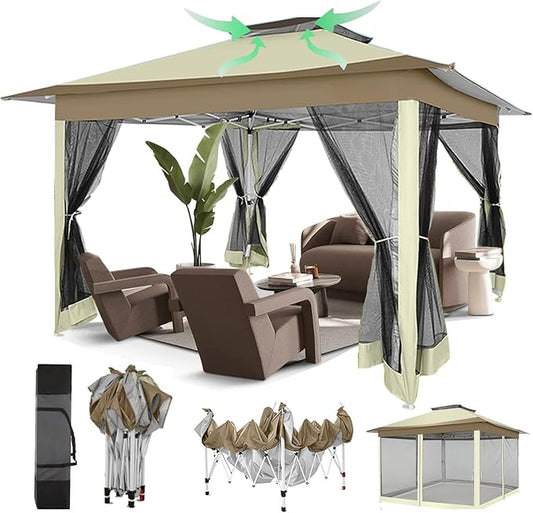 COBIZI 12x12 Pop Up Gazebos On Clearance - Upgrade Easy Up Metal Outdoor Gazebo Waterproof - Portable Gazebo with Mosquito Nettings, 4 Ropes 8 Stakes and Carry Bag for Patio Garden(Khaki)