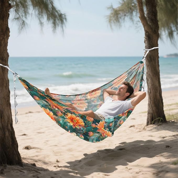 Camping Hammock Outdoor Hammocks for Outside Cactus Orange Flowers Beach Trees Portable Lightweight with Pockets Tree Straps Indoor