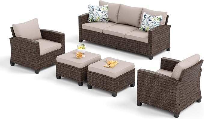 SUNSHINE VALLEY Patio Furniture Set Outdoor Furniture Brown Wicker Rattan Patio Conversation Sets with Cushion Outside Sofa Set,5 Pieces 7 Seats,Beige