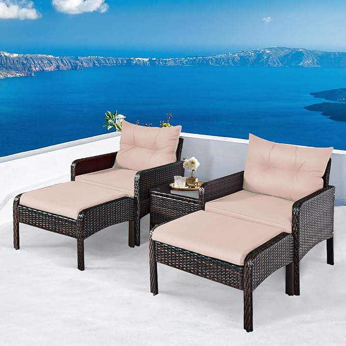 HAPPYGRILL 5-Piece Patio Furniture Set Outdoor Rattan Wicker Conversation Set with Coffee Table Cushioned Sofas and Ottoman Chat Set for Garden Backyard
