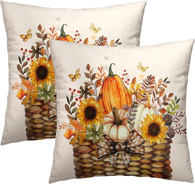 Rustic Fall Throw Pillow Covers 22x22 Inch Set of 2, Autumn Sunflower Orange Pumpkins Leaves Basket Decorative Square Pillowcases for Sofa Bed Couch Porch Patio Outdoor Home Decor