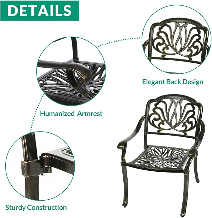 VIVIJASON 5-Piece Outdoor Patio Dining Set, All-Weather Cast Aluminum Conversation Set, Patio Furniture Set for Balcony Lawn Garden Backyard, Include 4 Chairs, a 35.4 inch Round Table w/Umbrella Hole