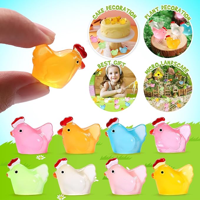 160 Pcs Luminous Mini Chicken, Glow in Dark Figurines - Resin Miniature Animals in 8 Colors for DIY Project, Garden, Dollhouse, Aquarium Decor, Glows at Night