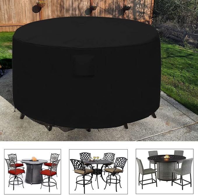 Outdoor Bar Height Dining Set Cover for 5 Piece Tall Round Bistro Outdoor Dining Set Waterproof Heavy Duty 75 Inch Round Patio Bar Height Table & Chair Sets Cover, Black