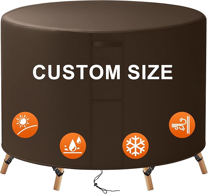 32"(D) x 32"(H) Round Outdoor Furniture Cover, Custom Heavy Duty 420D Waterproof Patio Furniture Cover with Drawstring & Buckles for Table Chair Garden, Coffee