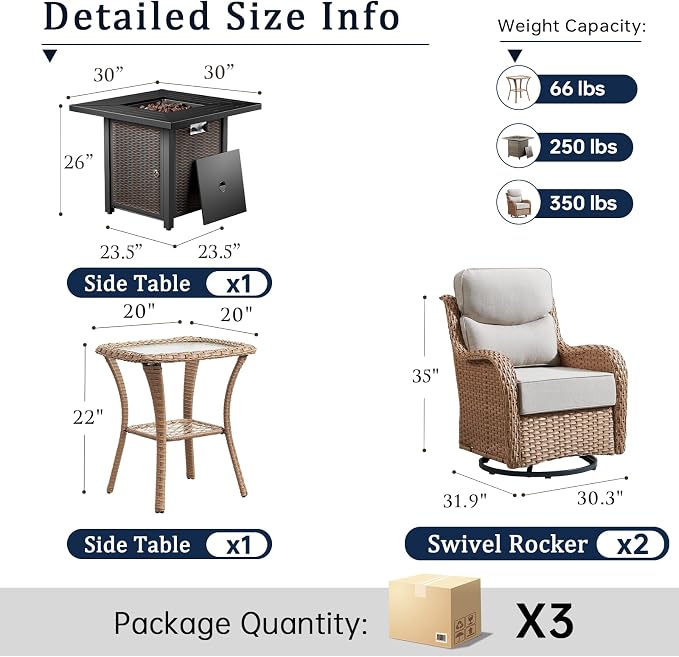 Luxury 7 Piece Wicker Patio Furniture Set with Swivel Rocker and 30“Fire Pit Table - Yellow