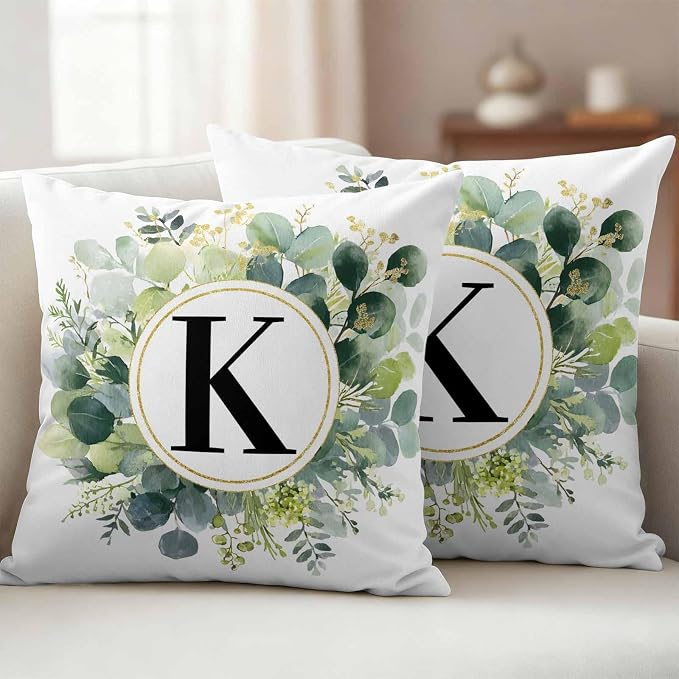 Letter K Waterproof Outdoor Pillow Covers Set of 2 Home Decor, Alphabet Green Eucalyptus Leaves Pillowcase Patio Pillow Covers for Couch Bench Patio Furniture Garden 16x16in