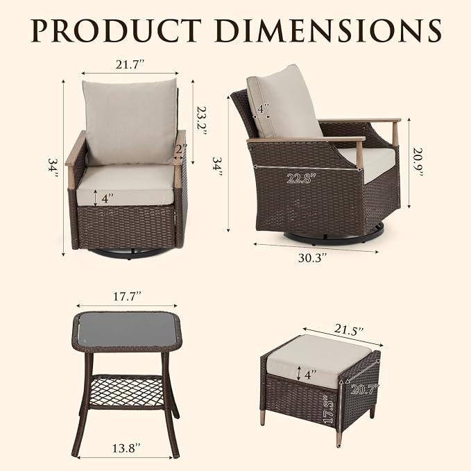 MELLCOM Patio Swivel Glider Rocker Chairs Set Wicker 5 Piece Patio Furniture Set Rocking Bistro Set with Tempered Glass Side Table and 2 Ottoman, for Backyard Garden Patio Porch (Beige, 5pcs)