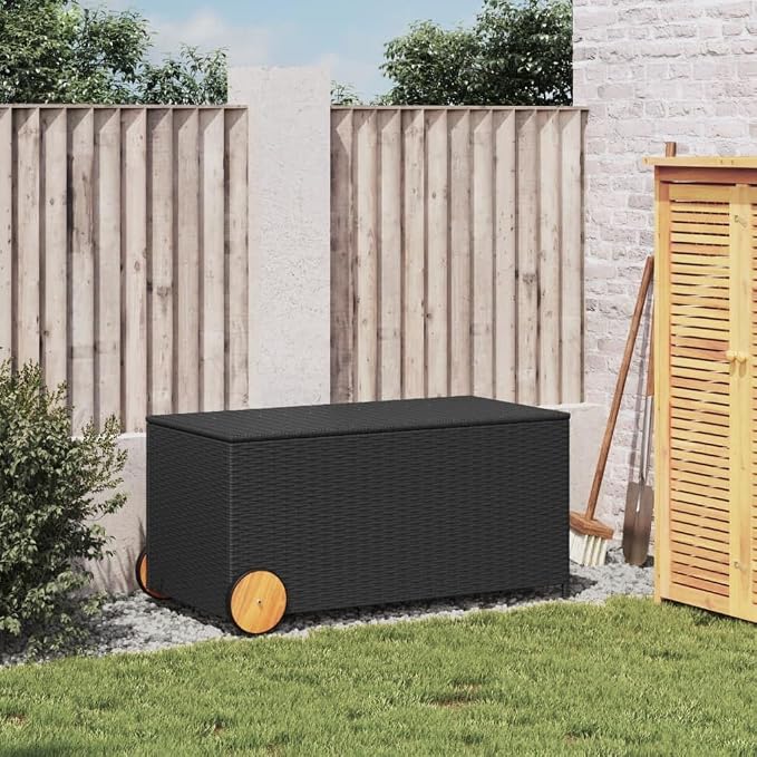 Gecheer Patio Rattan Deck Box Garden Storage Box with Wheels Black 50.2 Gal Poly Rattan