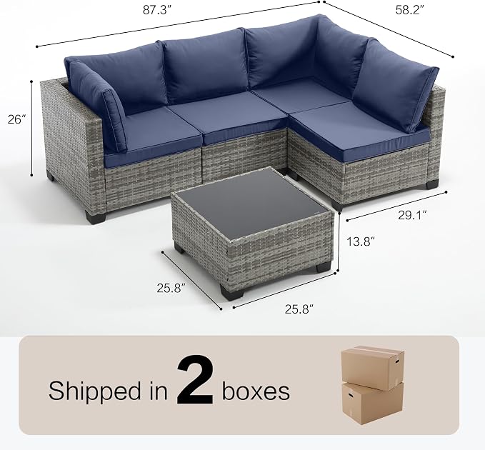 5-Piece Outdoor Patio Furniture Set, Gray PE Rattan Sectional Sofa with Navy Blue Cushions and Steel Frame, Coffee Table Included, Modular Outdoor Conversation Set for Patio Garden Poolside