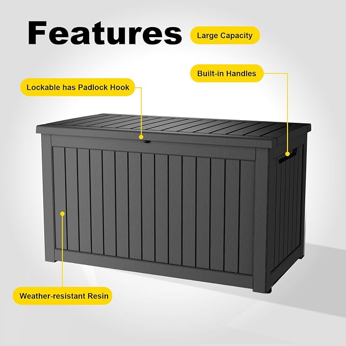 280 Gallon Outdoor Storage Box, Large Resin Deck Box for Patio Cushions, Garden Tools, Pool Accessories, Waterproof and Lockable Design, Storage Bench for Backyard & Deck(Black)