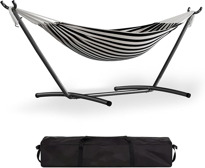 Heavy Duty Double Hammock with Steel Stand – 2 Person Cotton Hammock, 450lbs Capacity, Portable for Indoor Outdoor, Garden, Camping, Patio, with Carry Bag, Black