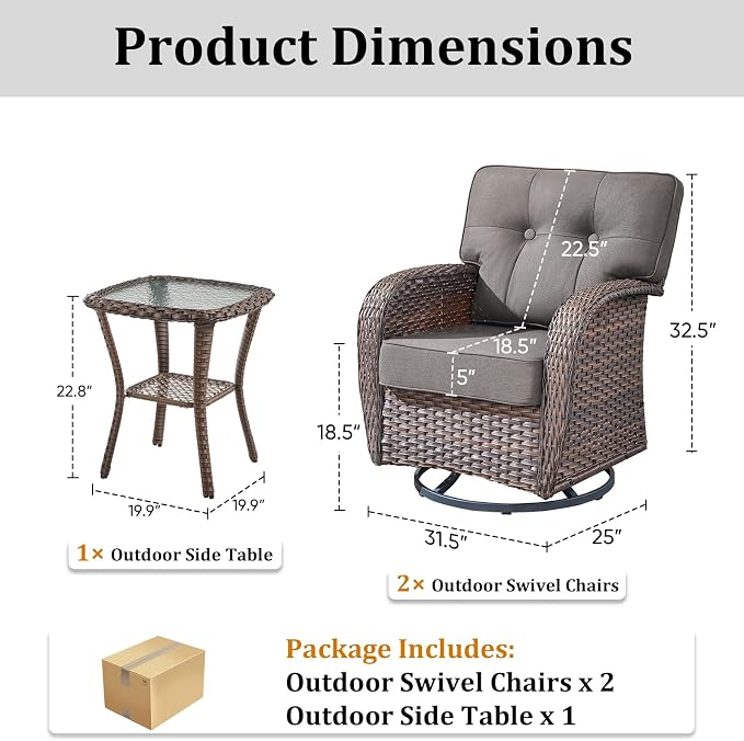 3-Piece Wicker Patio Furniture Set with 5-Inch Thick Cushions Weather Resistant Rattan High Back Swivel Rocker Chairs Senior Friendly Conversation Set for Small Porch Deck Sunroom Brown/Grey
