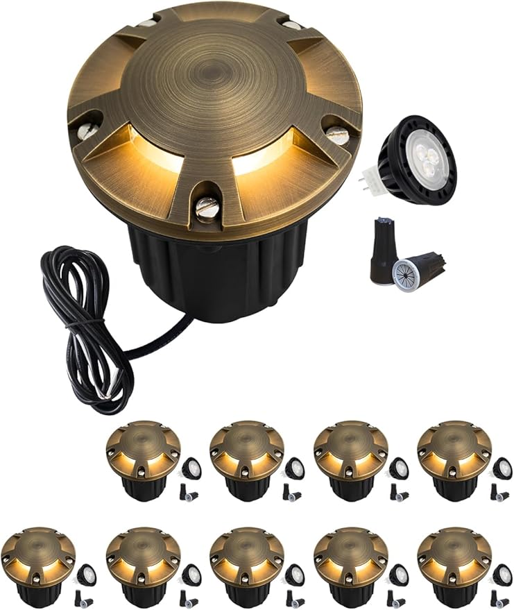 MALORY Brass Top Cover Landscape Well Lights, 12V Low Voltage Outdoor In Ground Lights,Landscape Lighting for Pathway, Driveway, Garden 1 Pack with Bulb (Five-Direction Turret, 10-Pack with Bulb)
