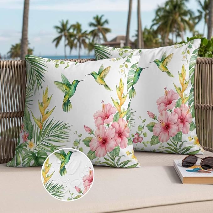 Yukro Hummingbirds Hibiscus Outdoor Waterproof Pillow Covers Pack of 2, Birds Botanical Tropical Plant Throw Pillowcases Decorative Cushion Covers for Garden Patio Tent Sofa Couch, 16x16 inch