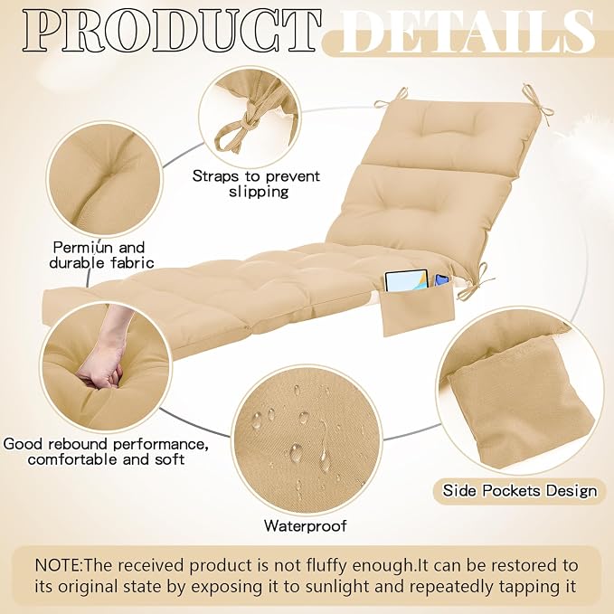 Kigley Outdoor Chaise Lounge Cushions with 3 Side Pocket 74.5 x 22 x 4.7 Inch Patio Chaise Lounge Cushion, Water-Repellent and Fade-Resistant Tufted Summer Replacement(1 Pcs,Beige,Solid Color)