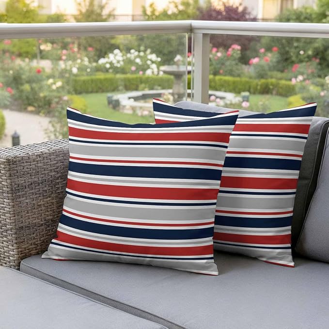 Red Navy Blue Striped Outdoor Pillow Cover 16x16 Inch Cushion Sham Case, Farmhouse Stripes Modern Abstract Art Waterproof Decorative Square Throw Pillowcase for Outside Garden Patio Porch Couch Chair